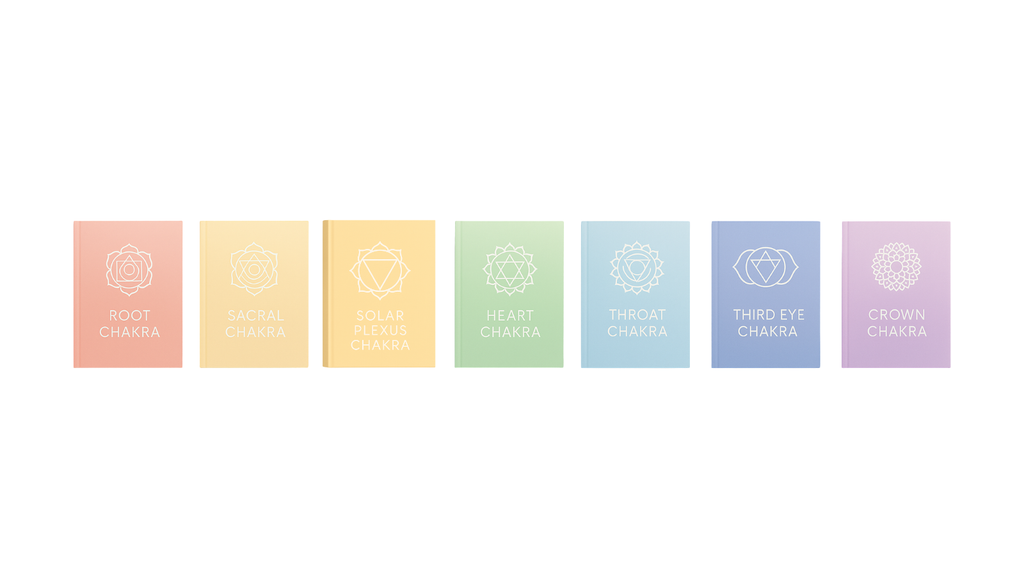Chakra Journals 7-Journal Digital Bundle showing all chakra colors from Root to Crown on a clean white background