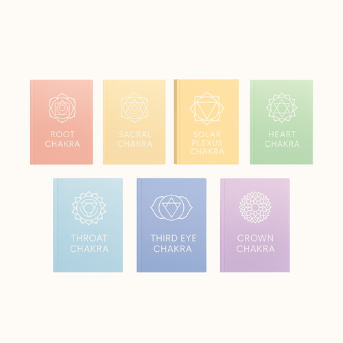 Seven digital chakra journals lined up from Root to Crown, featuring minimalist pastel covers for each chakra.