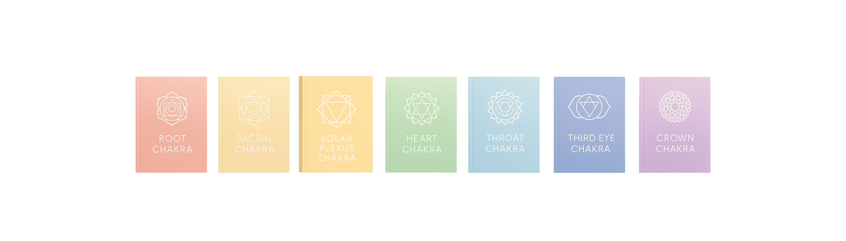 Minimalist pastel Chakra Journals collection displayed in a row, featuring Root, Sacral, Solar Plexus, Heart, Throat, Third Eye, and Crown Chakra journal covers on a white background.