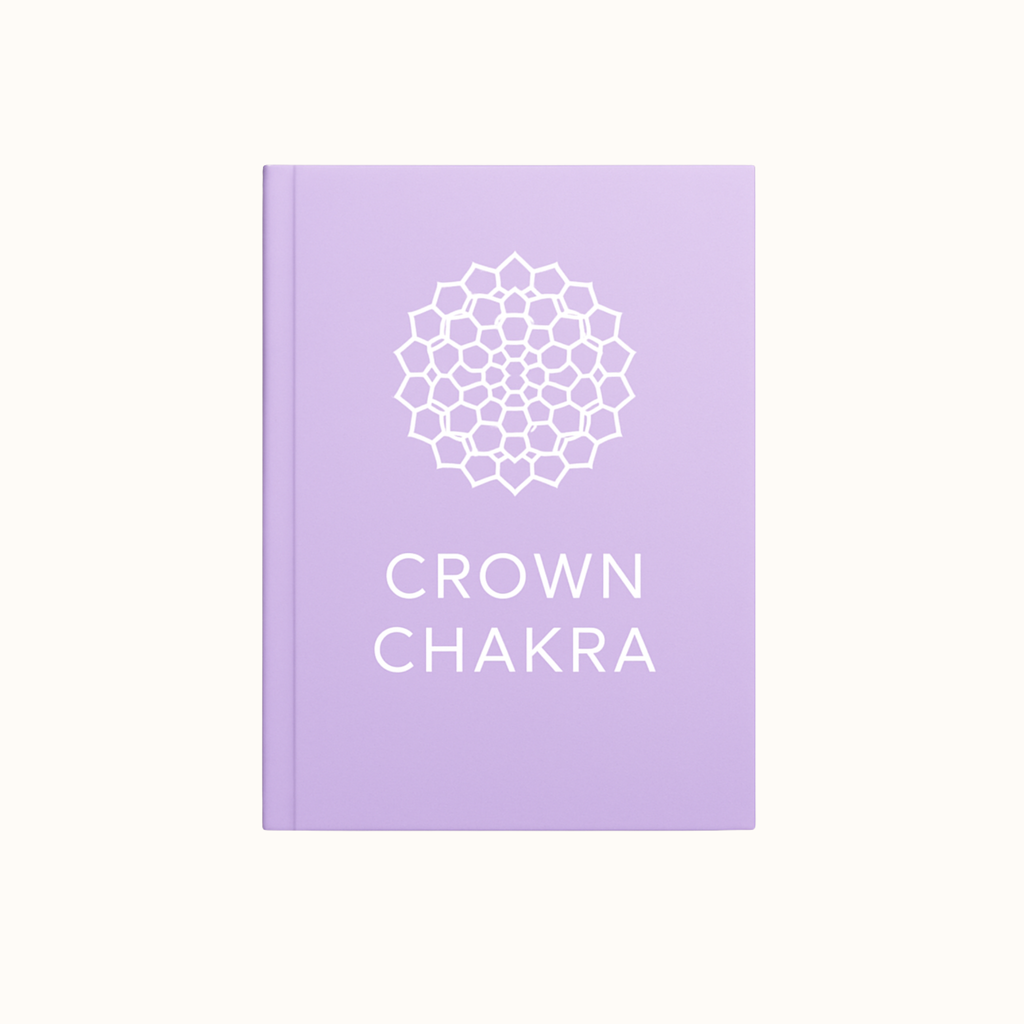 Crown Chakra digital journal in pastel lavender with white chakra symbol and text on a clean white background.