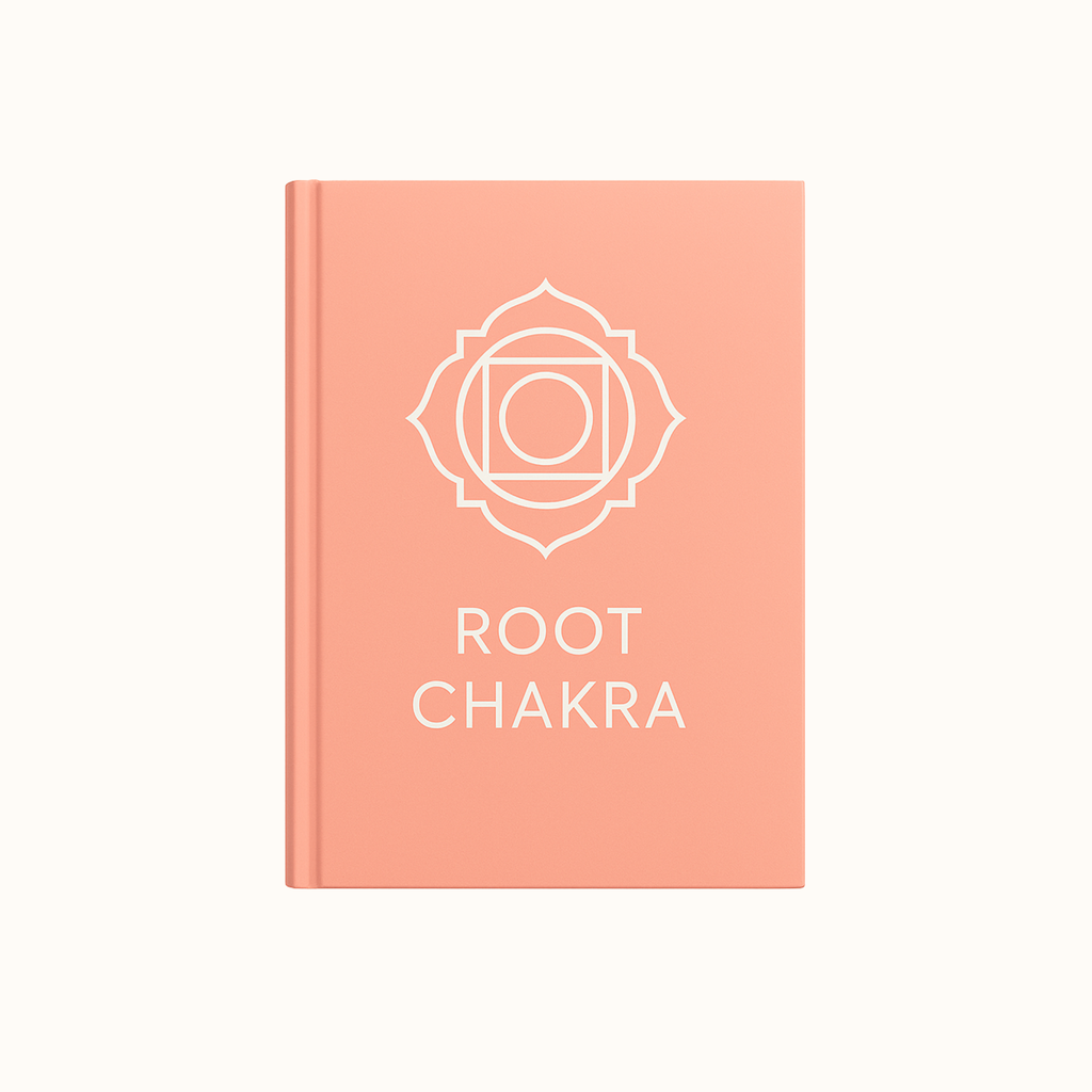 Root Chakra digital journal in coral pastel with white chakra symbol and text on a clean white background.