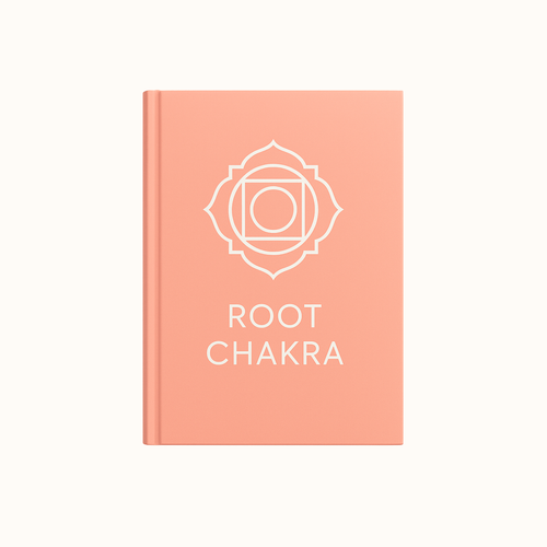 Root Chakra digital journal in coral pastel with white chakra symbol and text on a clean white background.