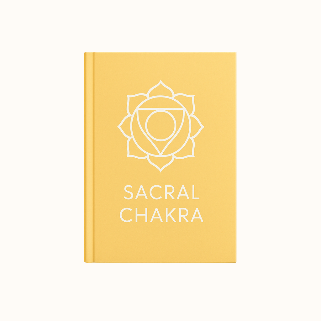 Sacral Chakra digital journal in pastel orange with white chakra symbol and text on a clean white background.